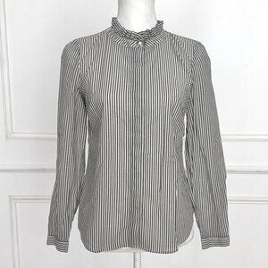 Talbots Tulip Stripe Gray & White Ruffle Neck Blouse | Classic Button Front